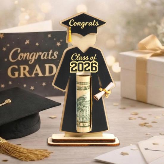 Graduate Cap and Gown Wallet Solid Wood Cash Holder Bachelor's Uniform Shape Cash Holder with Class of 2026 Logo