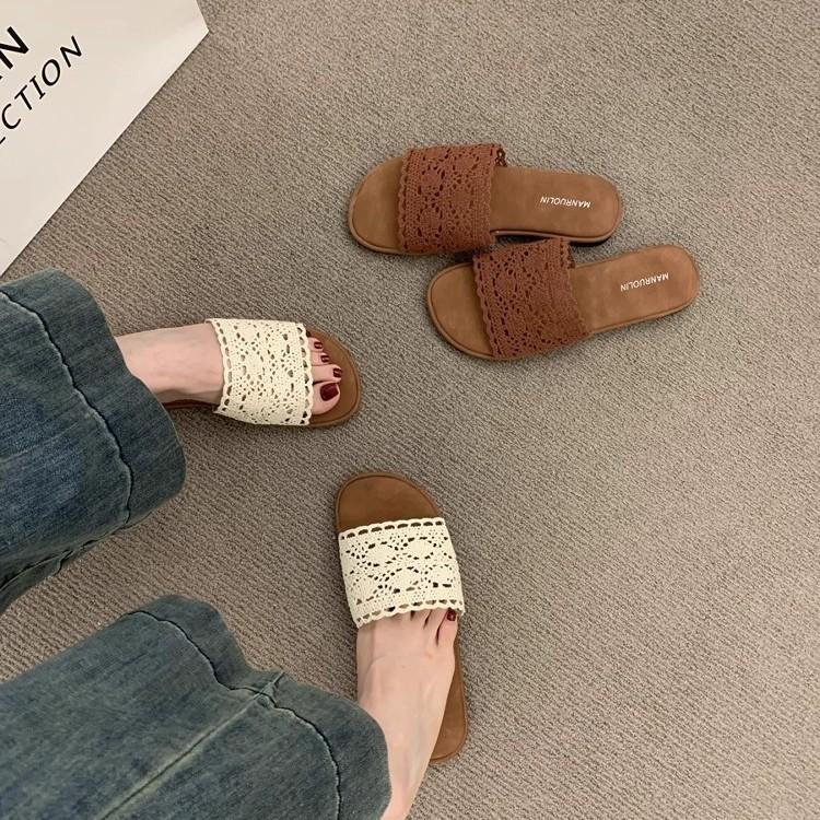 Vintage Casual Flat-bottomed Woven One-word with Open-toed Slippers for Women's Summer Wear Bohemian Seaside Vacation Beach Shoes