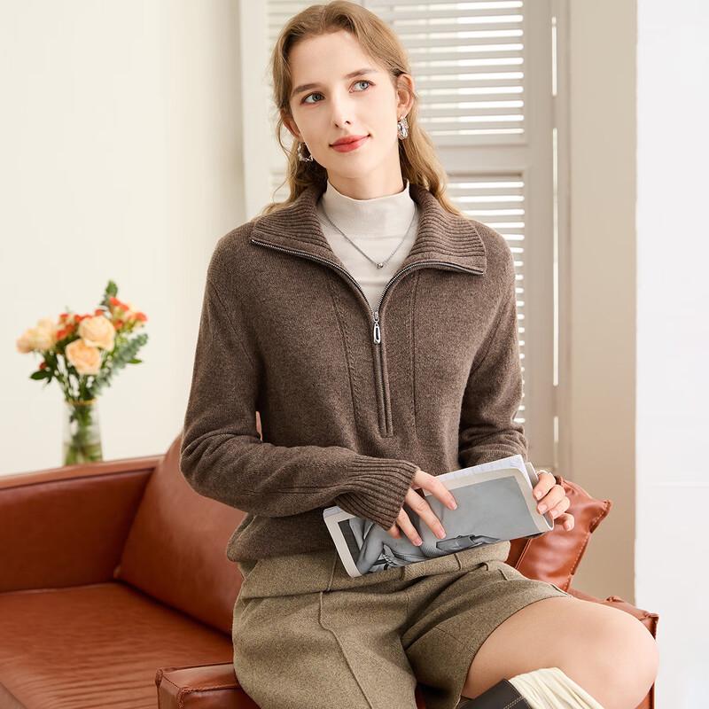 TUHUANG Women s Half-Zip Pure Wool Sweater L