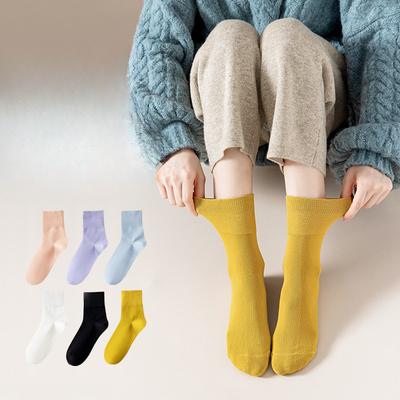 Women's Spring and Autumn Trendy Pure Cotton Solid Color 5A Antibacterial and Deodorizing Mid Calf Socks