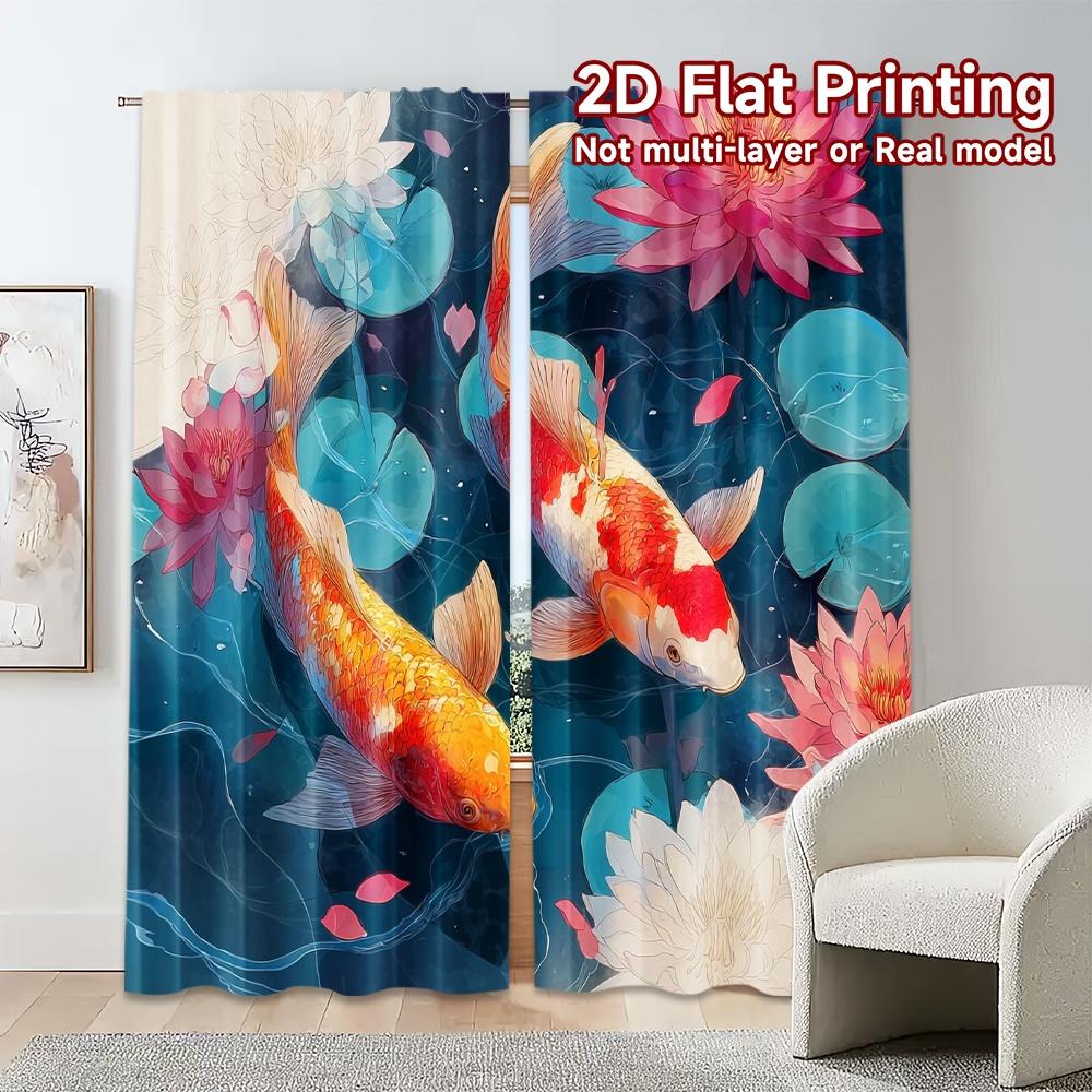 2pcs, 2D FLAT PRINTING Curtains (Without Rod) Koi Harmony Popular Curtain Fabric Versatile Fabric Curtains Room Decor Use for