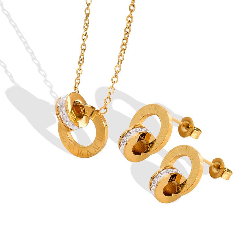Personality Trend Roman Double Ring Earrings Necklace Titanium Steel Jewelry Set Plated 18K Real Gold Non-Fading