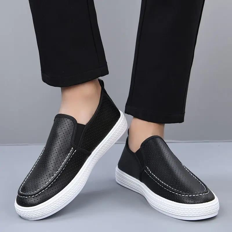 Fashion Round Toe Hollowed Out Men's Leather Shoes Thick Platform Mesh Adults Classic Original Retro On Sale Common Pu Male Casual Shoe