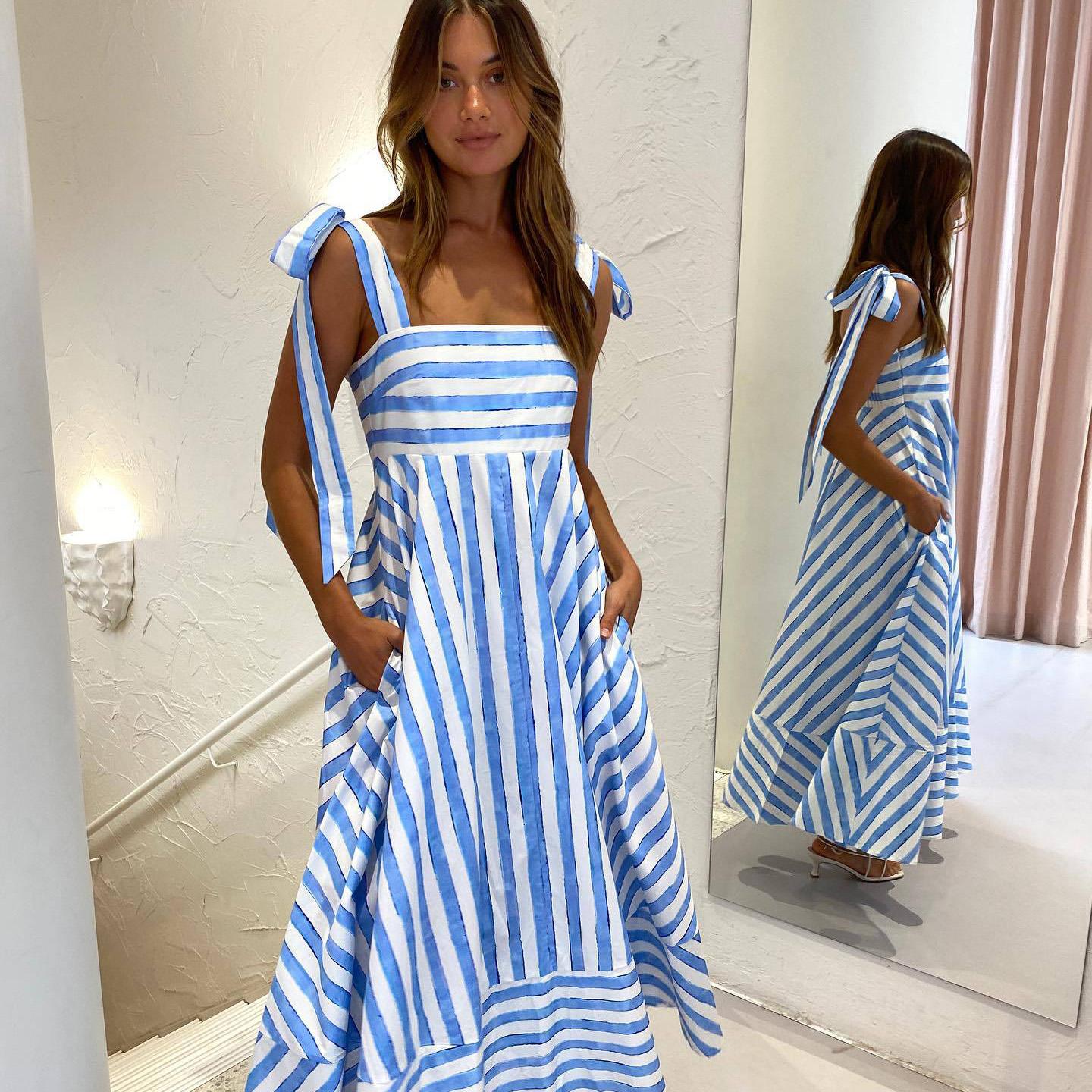 

Женское весеннее платье-комбинация без рукавов с полосатым принтом и подтяжками, летнее повседневное платье А-силуэта с открытой спиной и высокой талией, большие свободные длинные платья S-XL XL синий