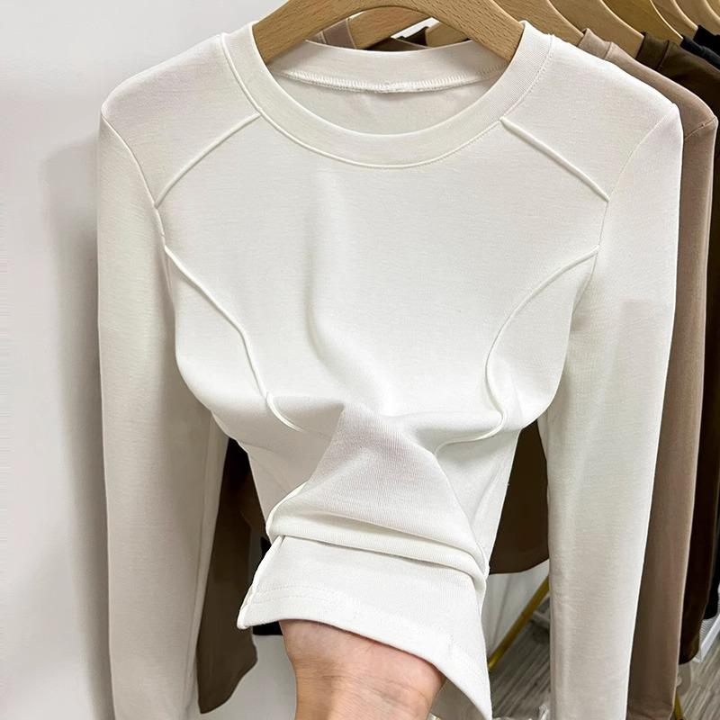 Europäischer Herbst und Winter Gebürstetes Verdicktes Unterhemd Damen Langarm Rechtes Schulter T-Shirt Damen Slim Design Dünnes Samt Top