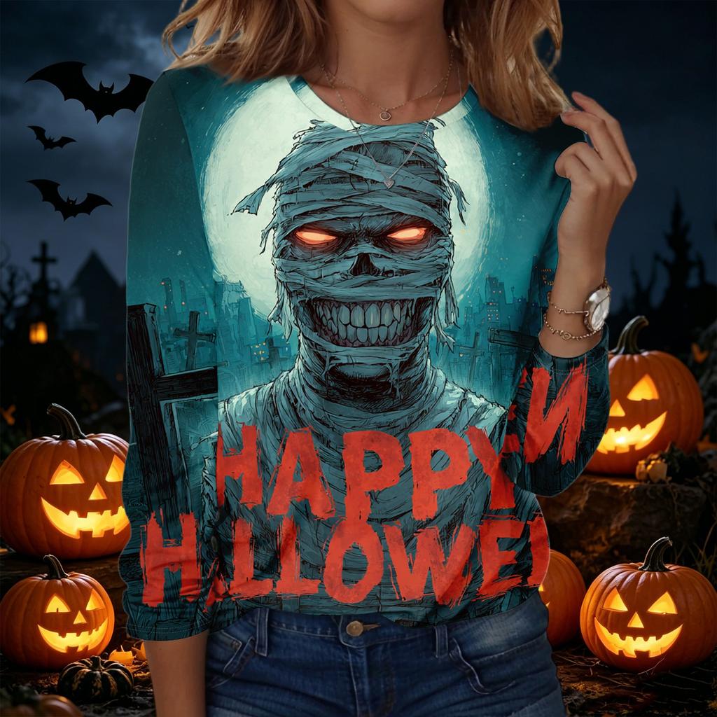 Women's Halloween Print Pullover Sweatshirt Long Sleeve Crewneck Top Casual Loose Fit Lightweight Pullover