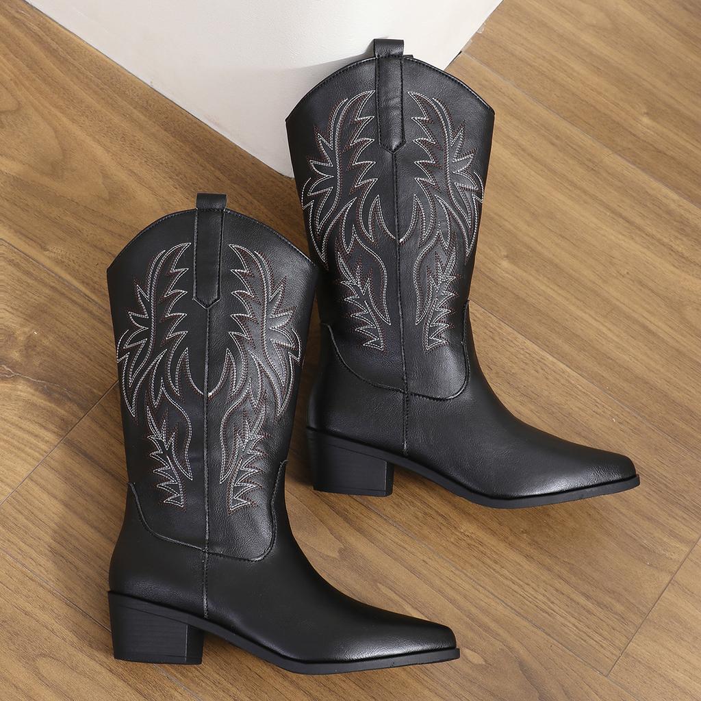 Women's Mid-calf Boots High Quality Casual Leather Boot Pointed Embroidered Western Cowboy Boots for Women Vintage Knight Boots