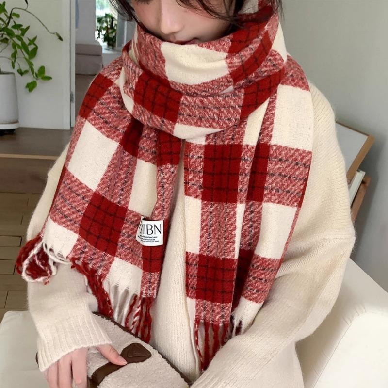 Scarf women's winter new plaid Christmas red student versatile warm thickened scarf shawl advanced sense