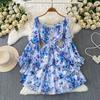 Wear a Pastoral Romantic Style Print V-neck Horn Sleeve Dress In Early Summer, Women's Vacation Waist and Thin Ruffle Skirt
