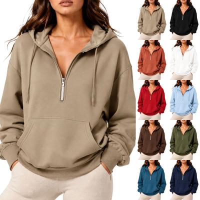 Womens Casual Pullover Hoodie Half Zip Sweatshirt Long Sleeve Kangaroo Pocket Hooded Top Lightweight Soft Fabric