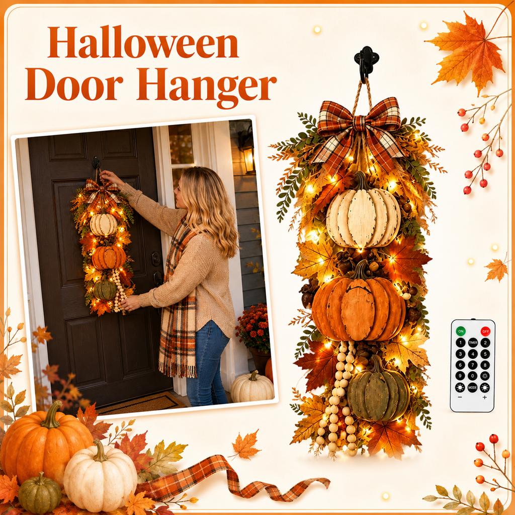 Rustic Wooden Pumpkin Door Hanging with Warm Lights for Fall Home Decor
