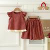 Girls Summer Red Plaid Outfit Short Flutter Sleeve Top And Wide Leg Pants Two Piece Set For Kids