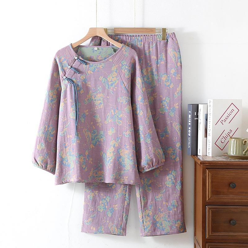 Retro Long Sleeved Long Pants Sleepwear Women Spring Round Neck Slanted Wearing Outerwear Set