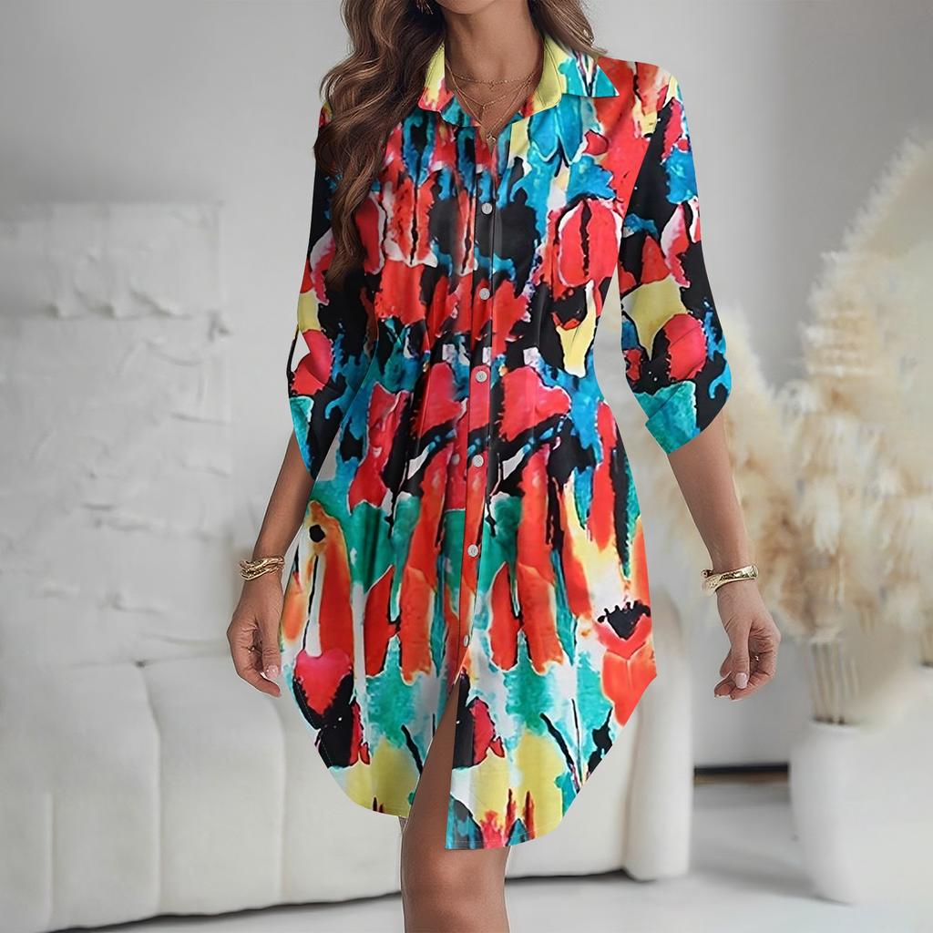 Women's Loose-fitting V-neck Long-sleeved Dress Print Work Shirt Dress