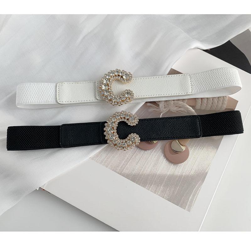 Womens Fashionable Faux Leather Elastic Waist Belt With Eyecatching Rhinestone Design