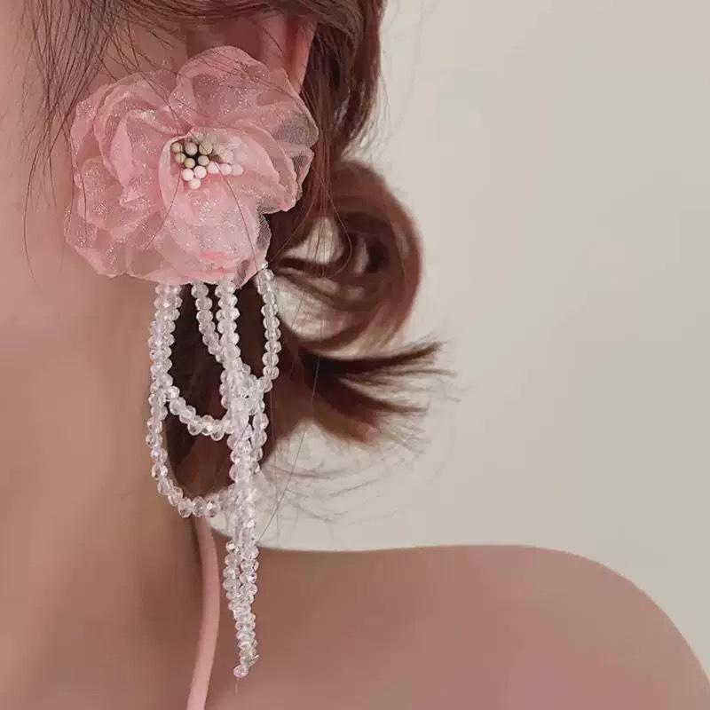 Super fairy sweet mesh flower fringed crystal long earrings women, silver needle small fresh earrings earrings