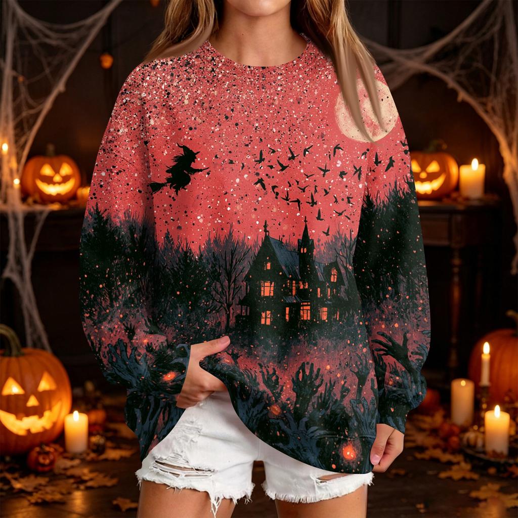 Women's Casual Round Neck Sweatshirt with Halloween Print, Long Sleeve Pullover for Festivals
