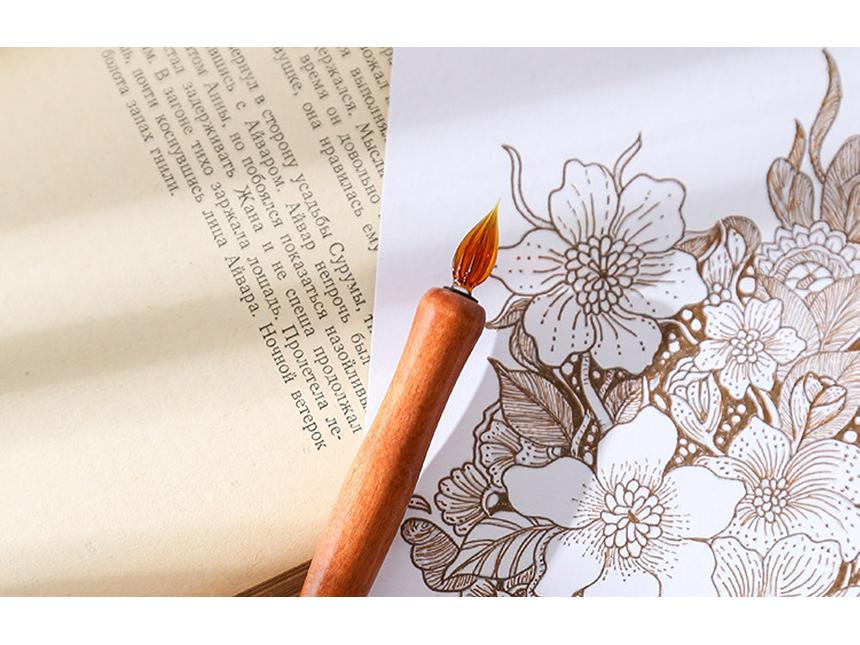 Cartoon Wooden Pen Holder with Glass Dip Pen, Light Color Outlining Pen, Drawing Pen, and Watercolor Brush
