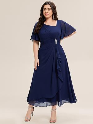Ever-Pretty Women's Plus Size Short Sleeve Ruffle Asymmetrical Neck A-Line Midi Rhinestone Embellished Chiffon Evening Dresses