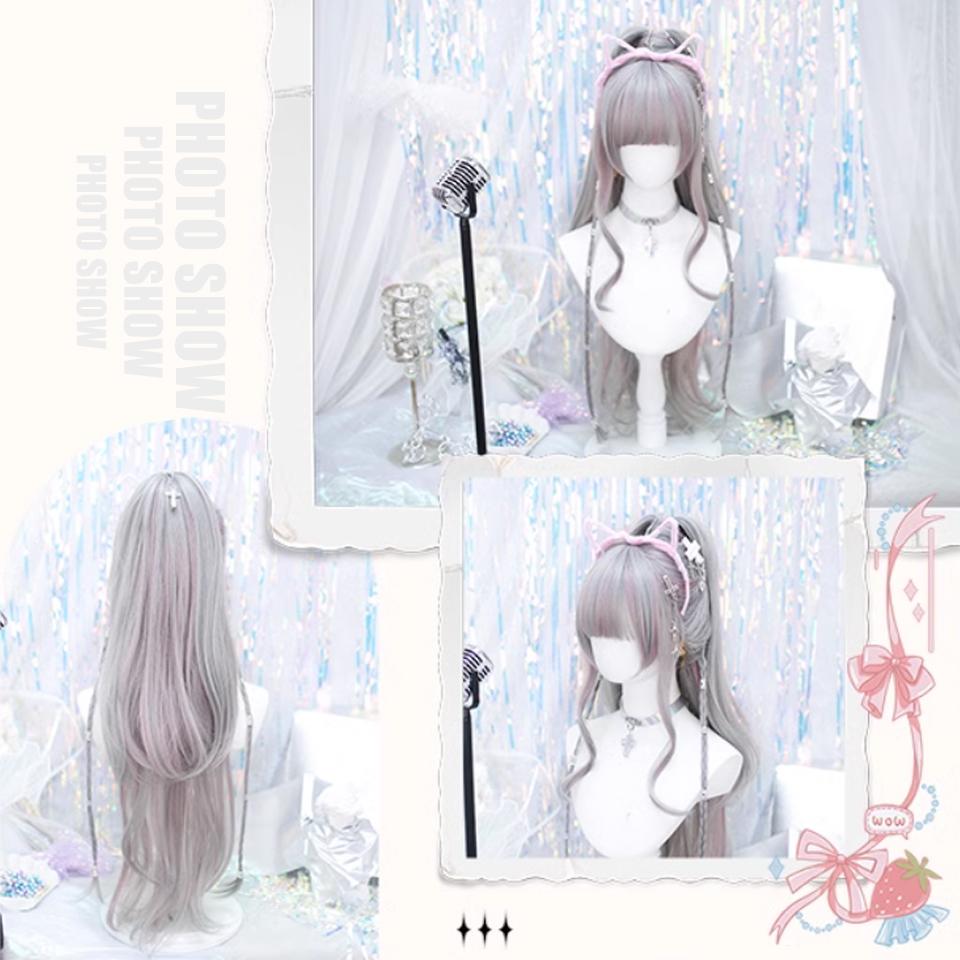 Șuvițe Gri Roz Lungă Ondulată Sintetică Perucă Femeie Stil Punk Lolita Breton Drept Păr Lung Ondulat Perucă de Petrecere Cosplay