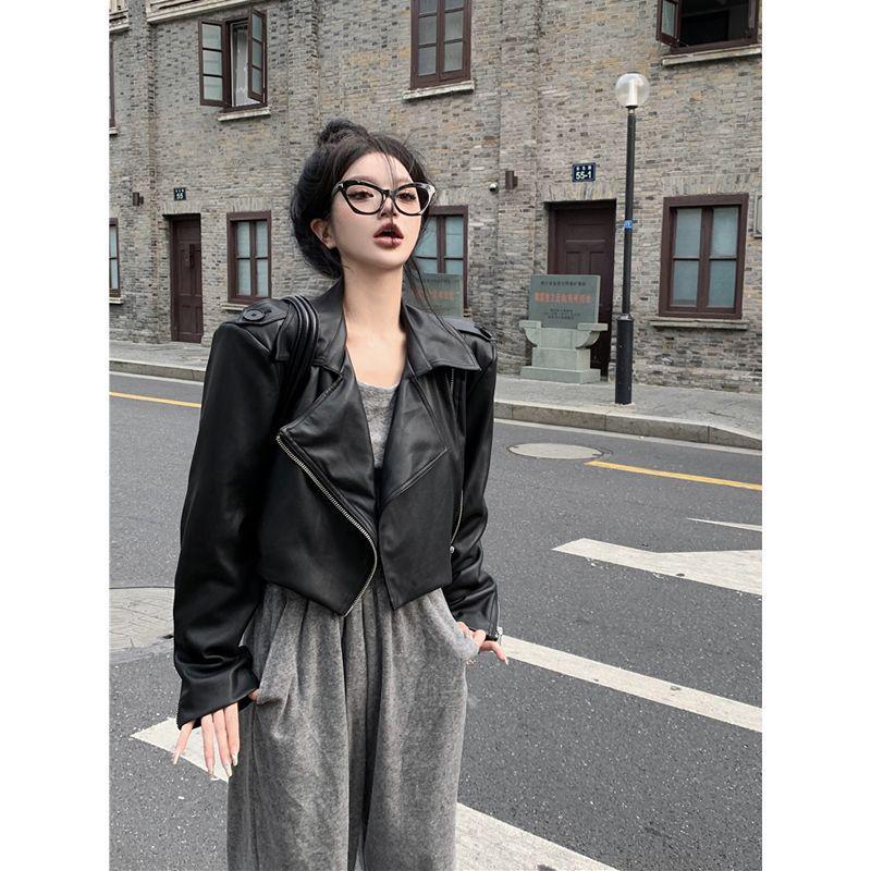 

Весенне-осенняя новая модная темпераментная черная куртка с лацканами, высокой талией, на молнии, короткая кожаная куртка женская XL 125 to 72.5 kg