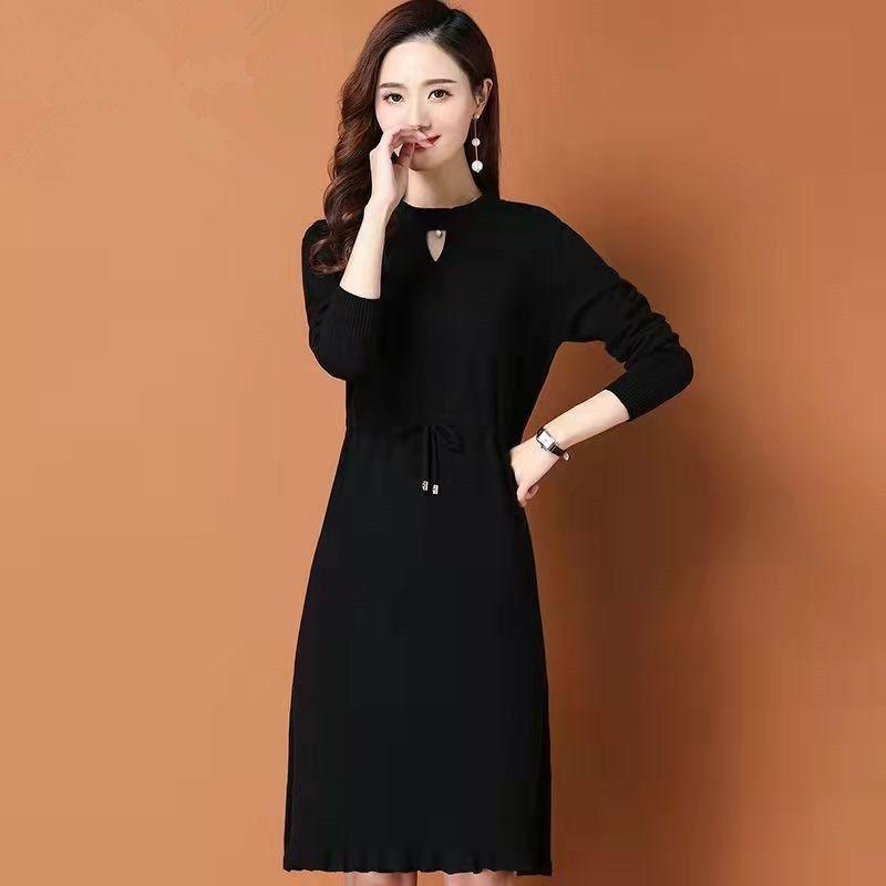 Winter Dress Female 2023 Women Lace Up Stripes Elegant Fake Two Pieces Solid Over Knee Round Neck Noble Sweater Dress Female