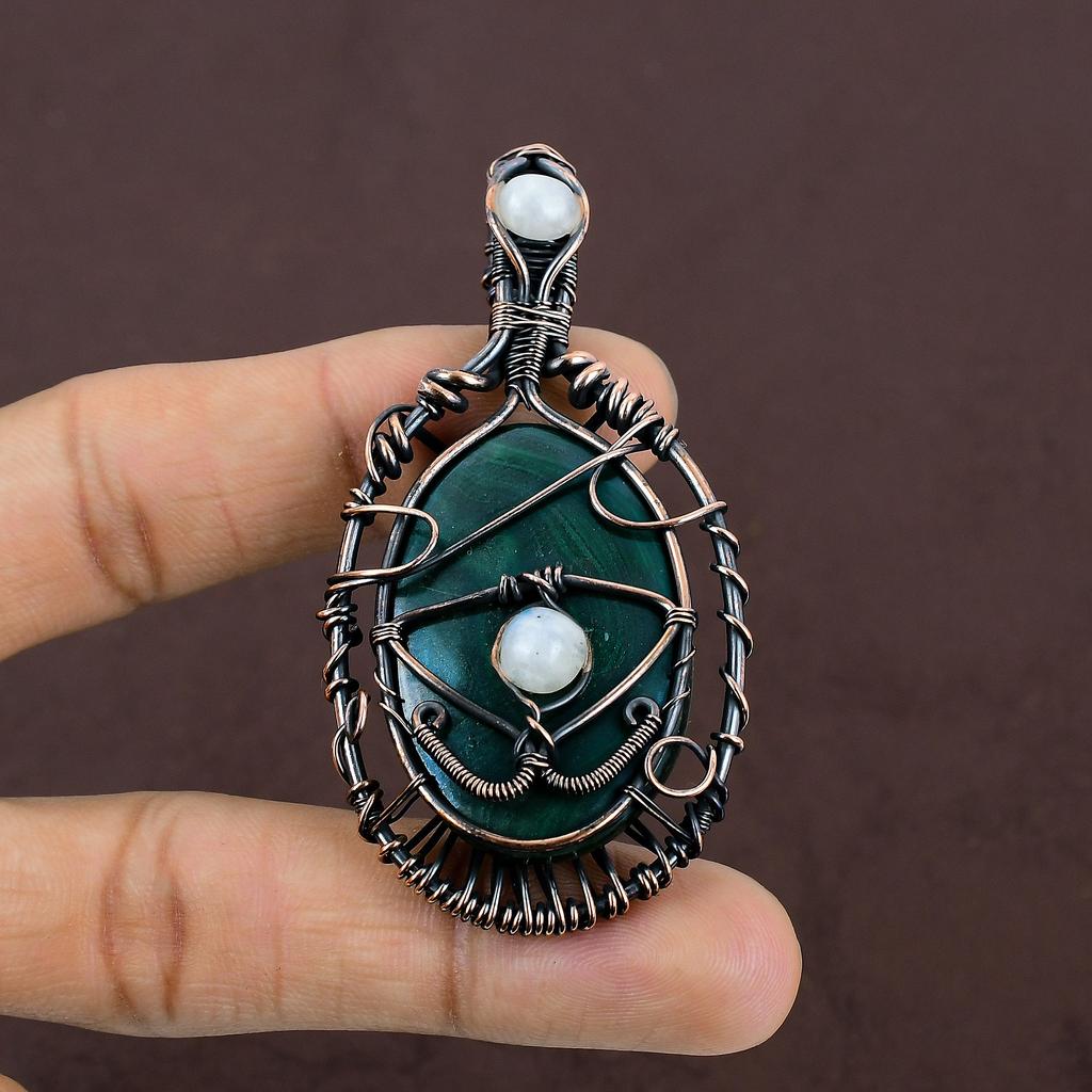 EvilEye Malachite, Moonstone Copper Wire Wrap Pendant 2.95" B2p53