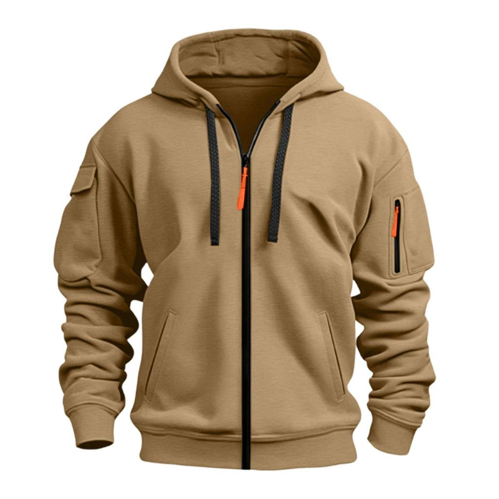 Men's Zip-Up Hooded Sweatshirt with Multiple Pockets Casual Loose Fit