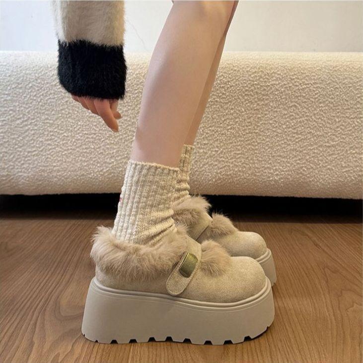 Height-increasing muffin fashion versatile Birkenstocks popular retro thick-soled fluffy cotton shoes new in autumn and winter