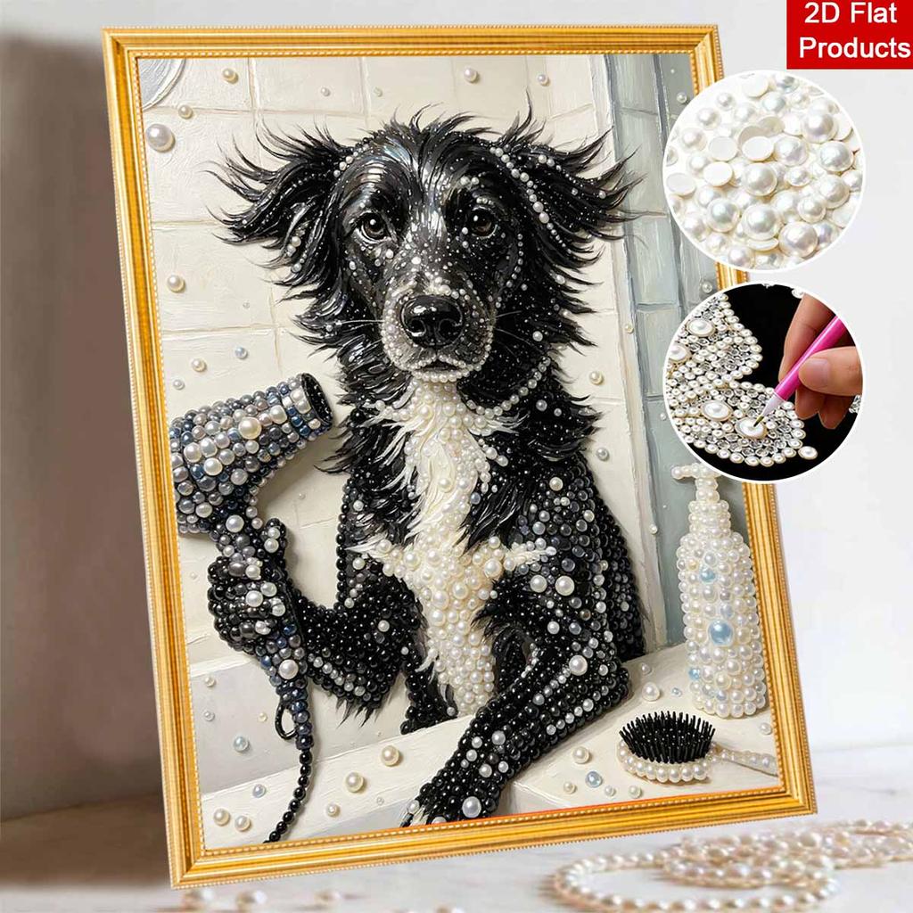 Creative DIY Framed Pearl Art Kit with Cute Dog Bathing Pattern Sparkling Bead Canvas Ready to Display Relaxing Gift for Adults Craft Decor