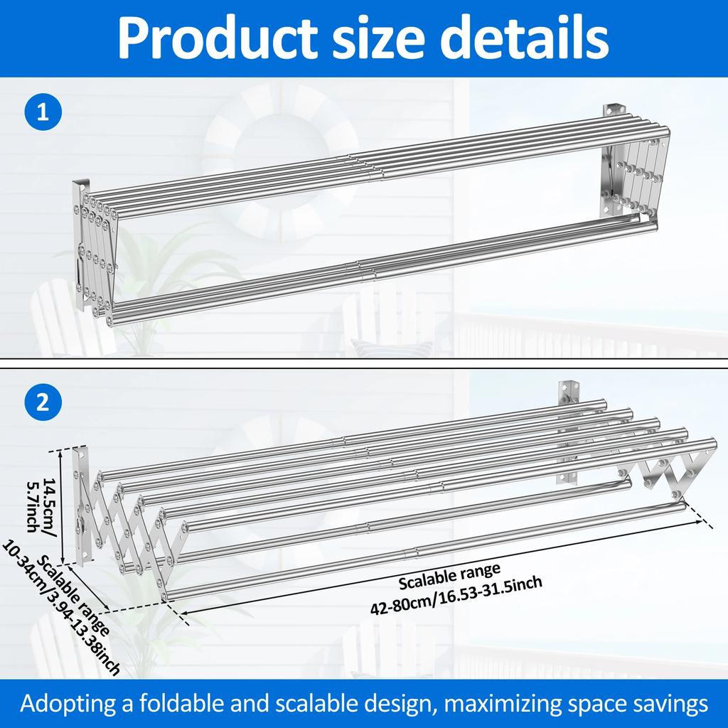 Laundry Drying Rack Collapsible Wall Mounted Clothes Drying Rack Stainless Steel Drying Rack Retractable Towel Drying Rack Space