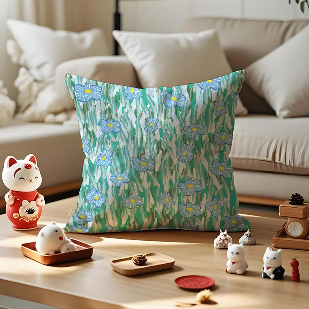 

Blue Green Block Print Pillow Case Antidustmite Pillowcase Invisible Zipper Silky Short Plush Sofa Cushion Cover 30X30cm