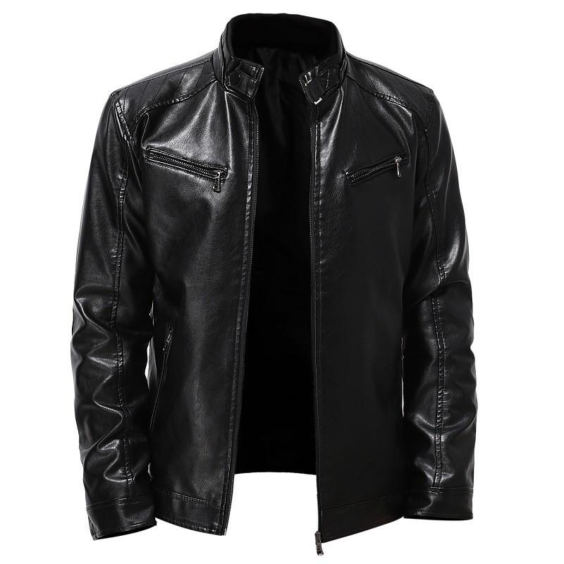Mens PU Leather Biker Jacket With Zippered Pockets Stand Collar Casual Winter Outerwear
