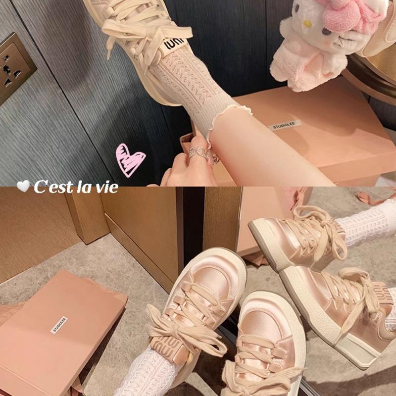 Studiolee~ Satin Round Head Thick Sole Lace-up Sports Lightweight Height-increasing Casual Board Shoes