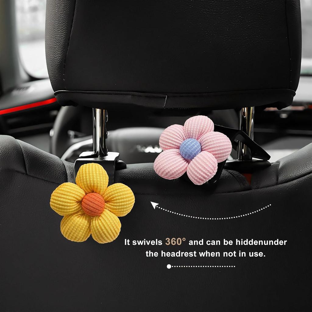 4 PCS Car Seat Headrest Hooks, Cute Flower Vehicle Backseat Hanger Storage Hook, Portable Auto Seat Back Holder Hanging Organizer for Purse Grocery