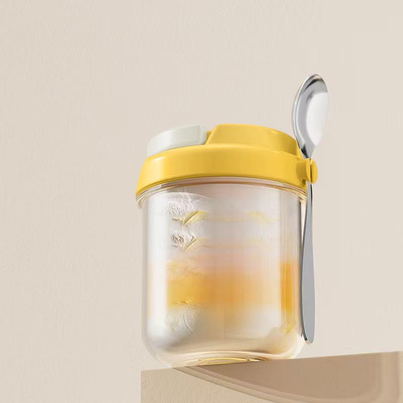 Food Safe Thick Glass Overnight Oats Cup Leakproof Lid Stainless Steel Spoon Reusable for Breakfast Chia Pudding Camping Trips