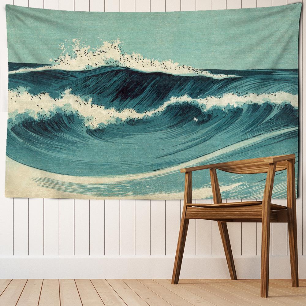 Blue Oil Painting Wave Tapestry Wall Hanging Art Bohemian Style Hippie Tapiz Aesthetic Room Bedroom Decor