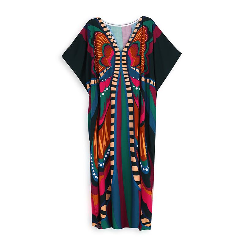 EDOLYNSA Multicolored Kaftan Bohemian Printed V-neck Batwing Sleeve Maxi Dress Women Beachwear Half Sleeve Maxi Dress Robe Q1342