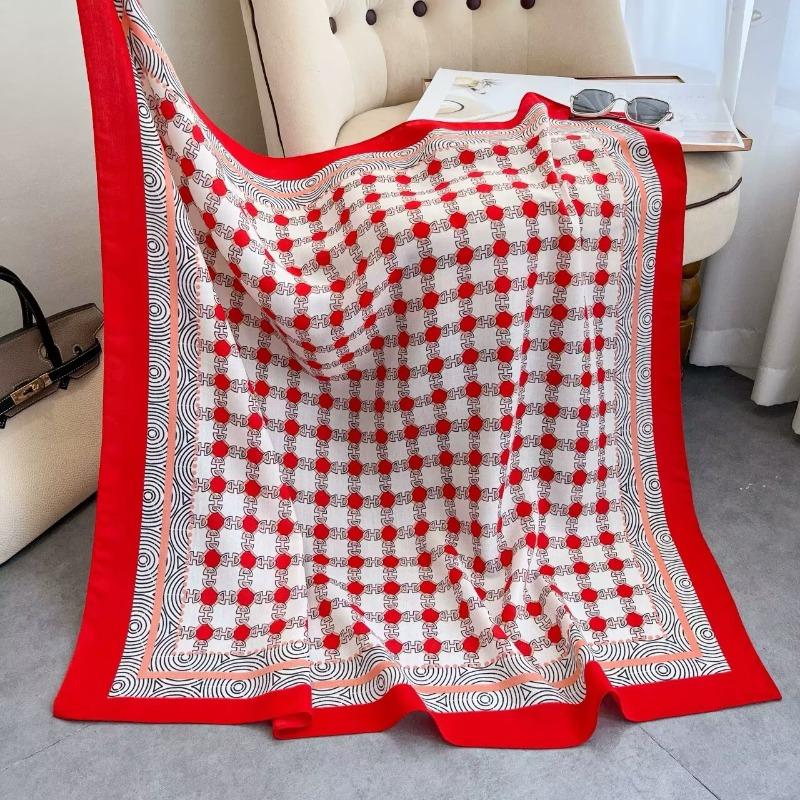 68Cm Contrasting Geometric Printed Scarf Women S Autumn And Winter Thin Imitation Silk Scarf Fashion Trendy Scarfs Shawl