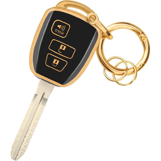 FT FUNTOR for Toyota Key Cover,3 Buttons TPU Key Cover with Silver Edge,Compatible with Toyota Corolla Cross L 4Runner SR SR5 Tundra SR SR5 Tacoma SR Gold Trim-Black