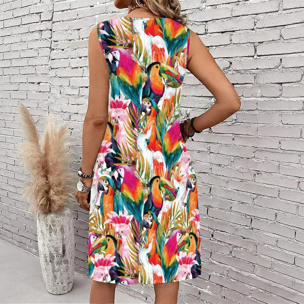 Plus Size V Neck Sleeveless Dress Misty Mountains Waterfall Art Print For Mountain Vacation Trip