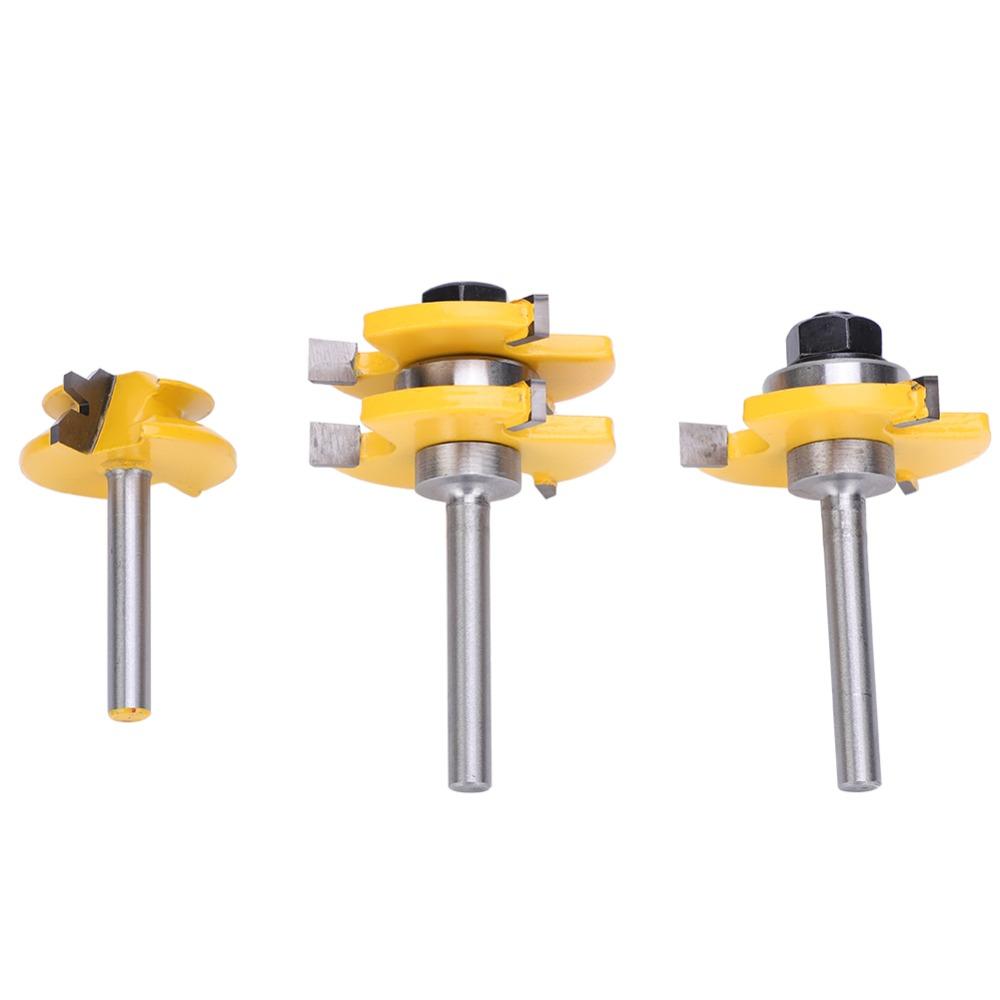 3pcs 45 Degree Angle Lock Miter Router Bit 3 Teeth T-Shape Tongue and Groove Set For Cabinets