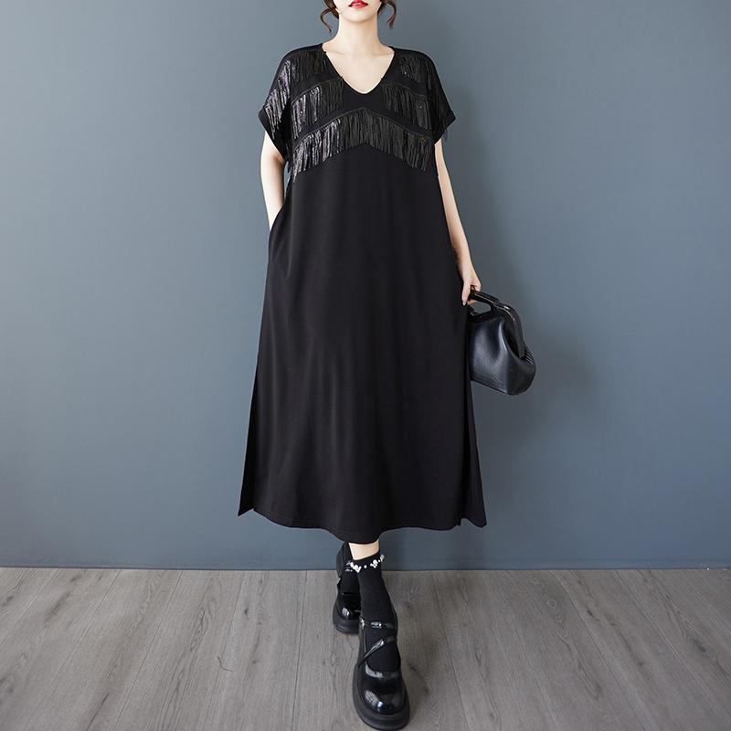 Dimanaf New 2025 Plus Size Summer Dress Women Black Vintage Casual V-Neck Dress Loose Dress Maxi