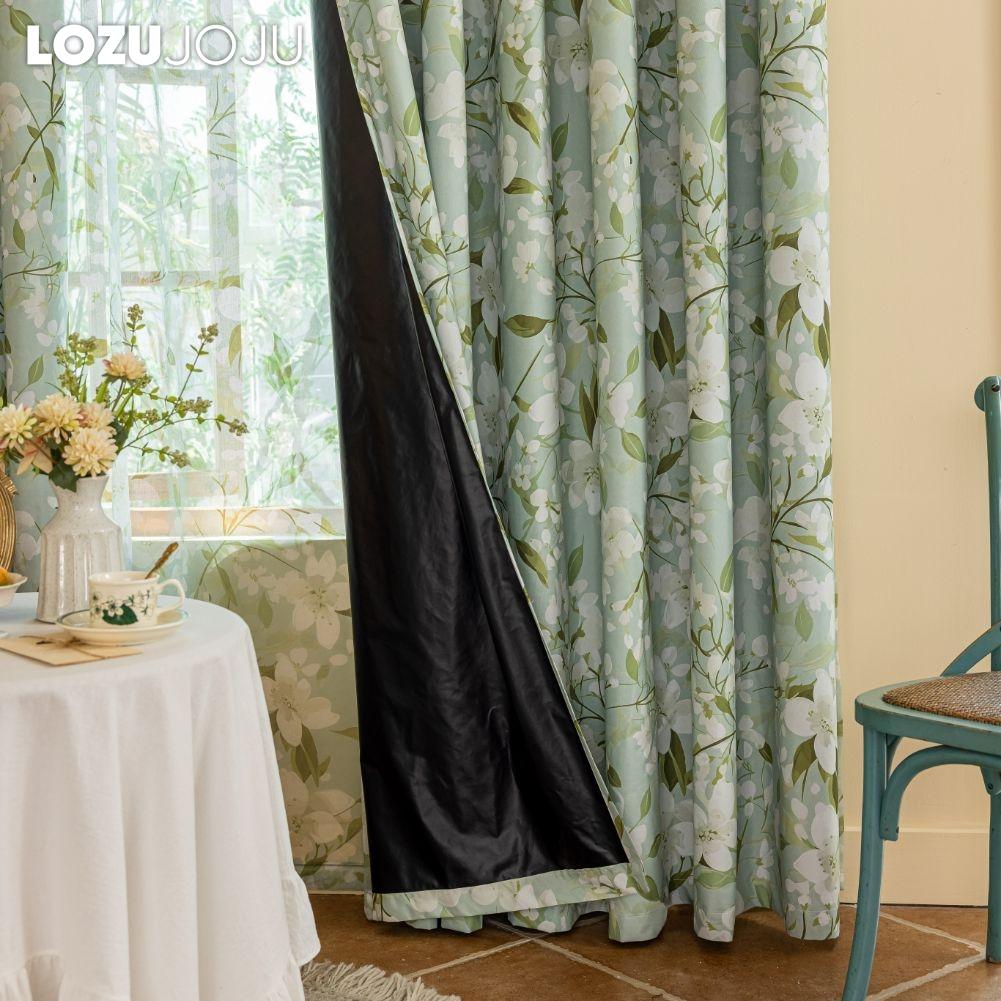 1PC LOZUJOJU Fashionable and Versatile Gardenia Green Printed Curtains Full Blackout Curtains for Bedroom Living Room Balcony Window for Home Decor