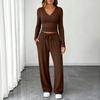 Women's V Neck Casual Short Sleeve Top and Wide Leg Pants Two Piece Set with Pleated