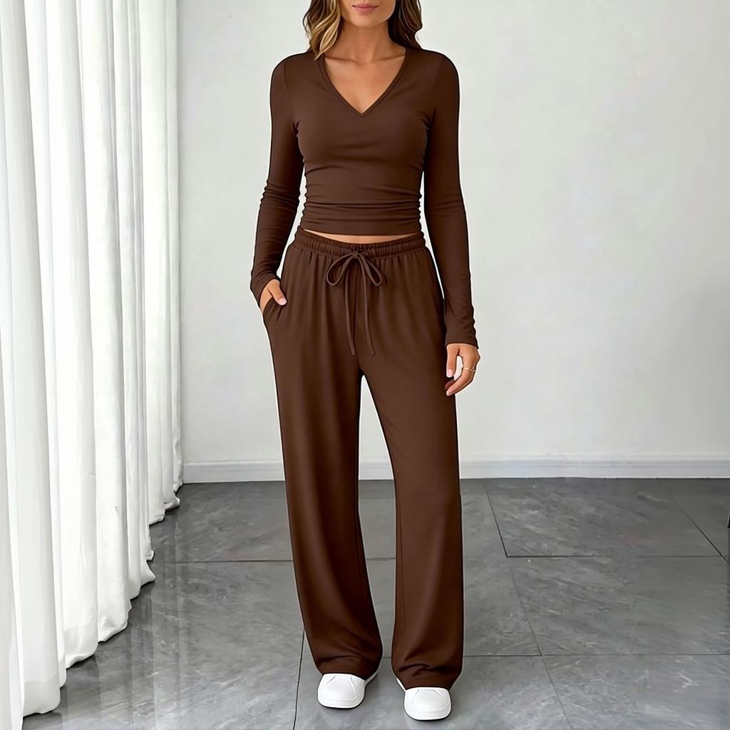 Women's V Neck Casual Short Sleeve Top and Wide Leg Pants Two Piece Set with Pleated