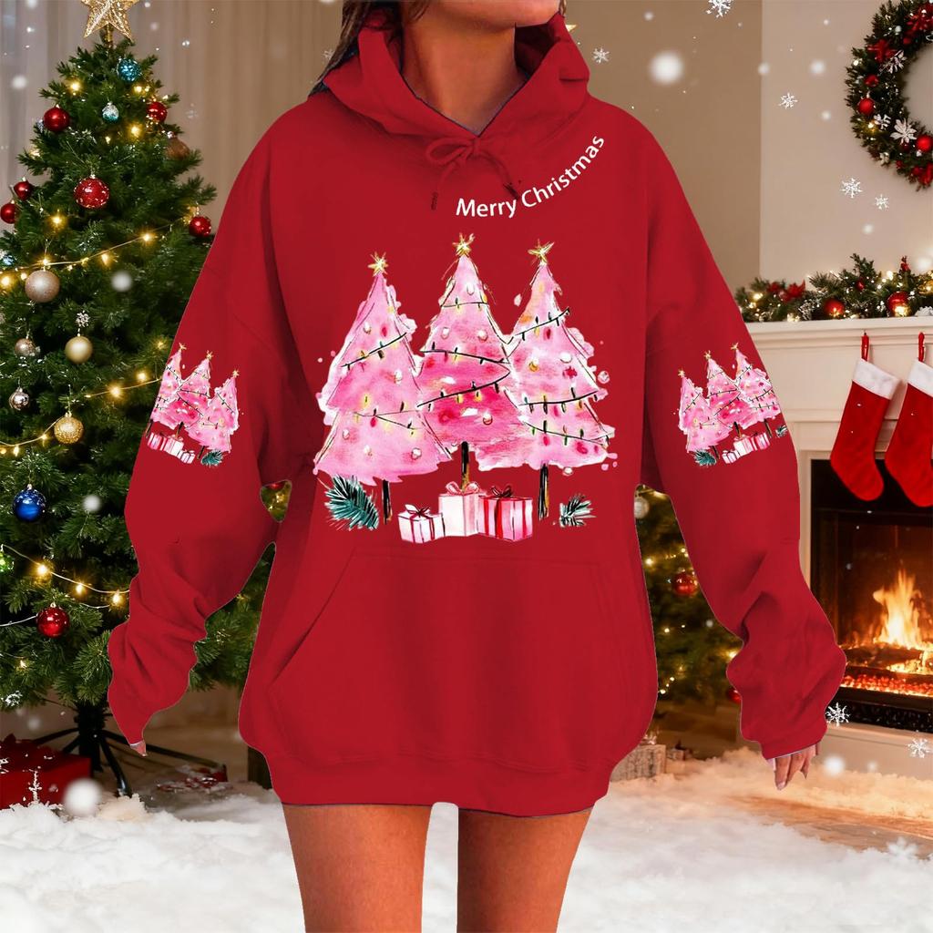Women's Fashionable Casual Long-Sleeved Christmas Holiday Party Printed Hooded Sweatshirt