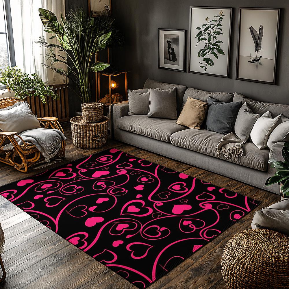 

lack Pink Heart Pattern Area Rug, Soft Plush Carpet for Living Room, Non-Slip Sofa Mat with Bohemian Home Decor, Cozy Accent 50x80cm