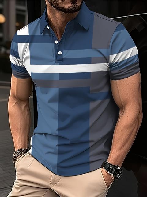 Summer Men s Golf Striped Pattern Polo Short Sleeve Polo Shirt Collared Shirt Business Casual Outdoor 3D Print Geometric Polo 3XL синий