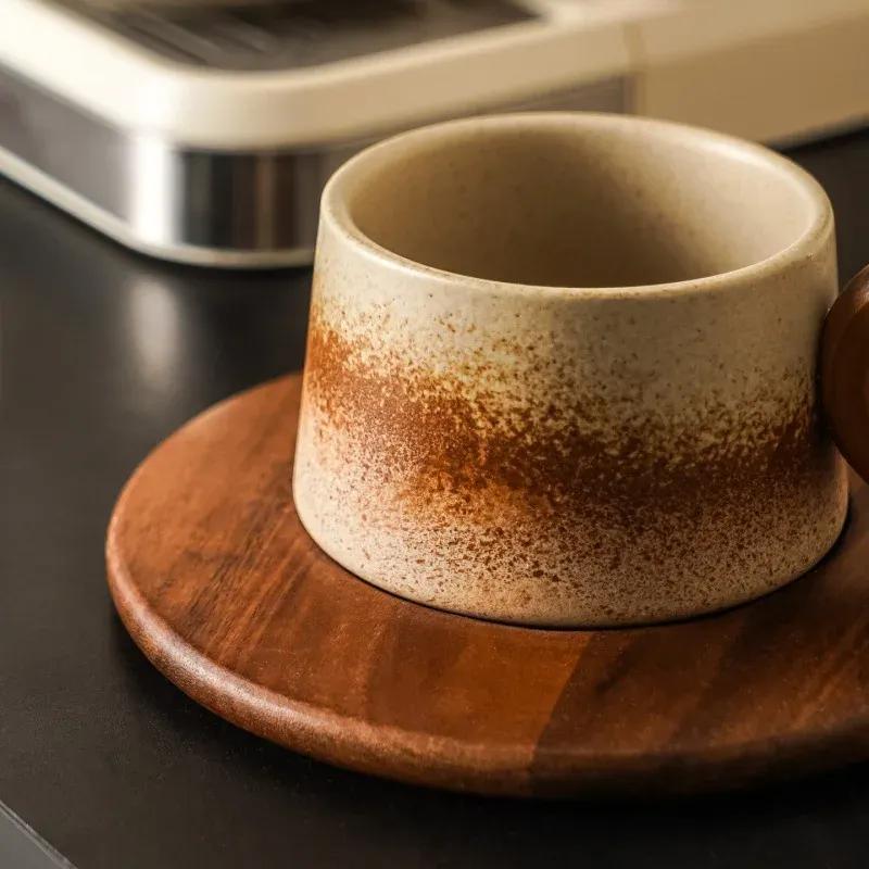 Creative Rustic Ceramic Coffee Cup with Wooden Saucer Artistic Natural Wood Ceramic Tea Cup Office Drink Mug Couple's Water Mug